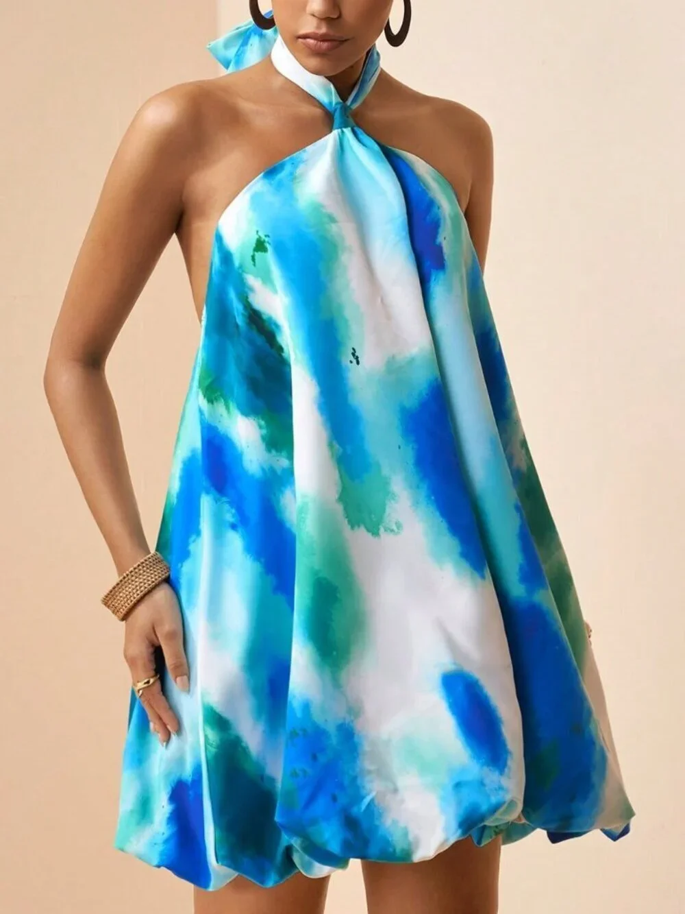 Multicolor Boho Women's Floral Puff Tie-Up Halter Backless A-Line Mini Dress